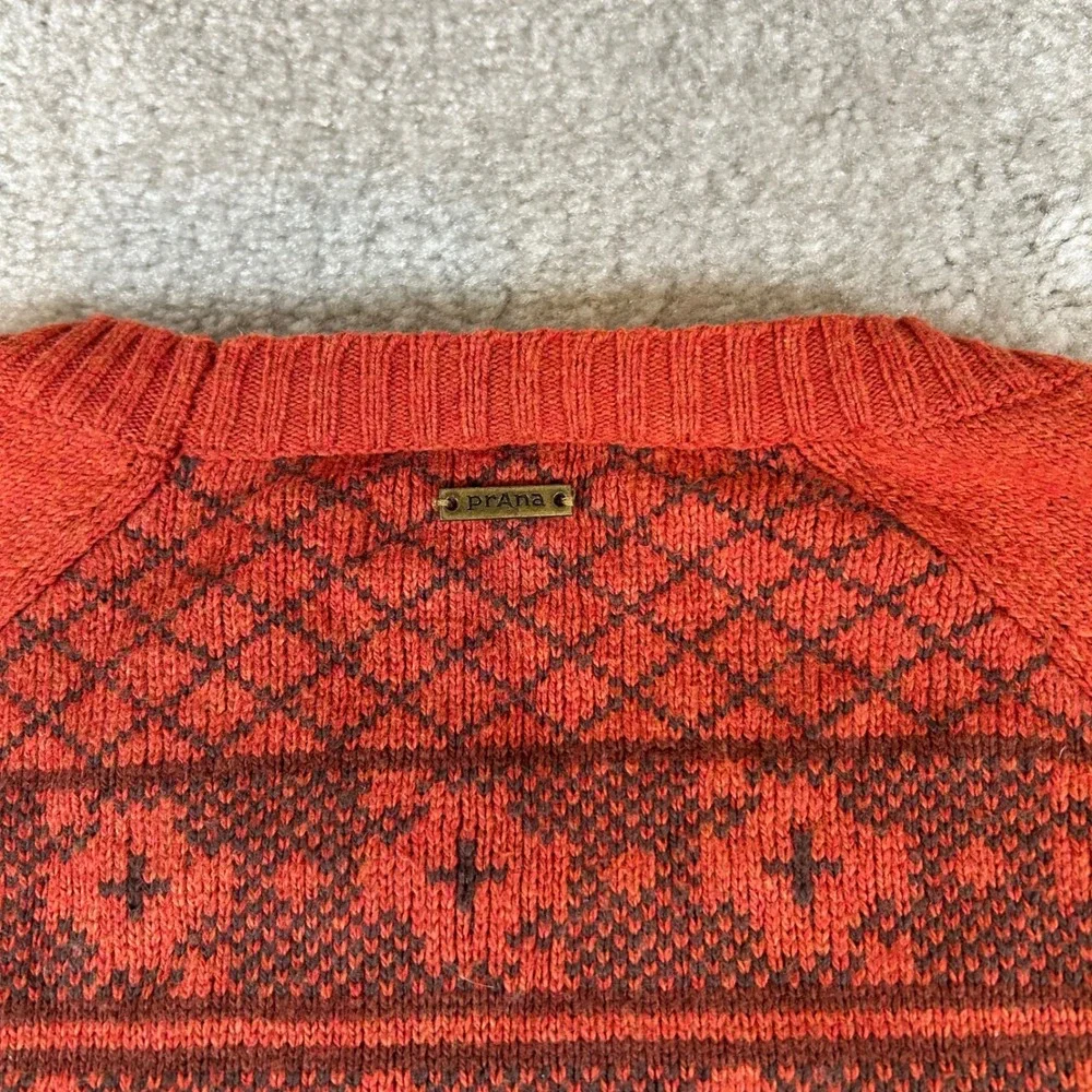 Prana Sweater Women Small Rust Orange Fair Isle Wool Blend Side Button Pullover